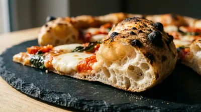 A fresh artisan pizza with a charred, bubbly crust and melted mozzarella
