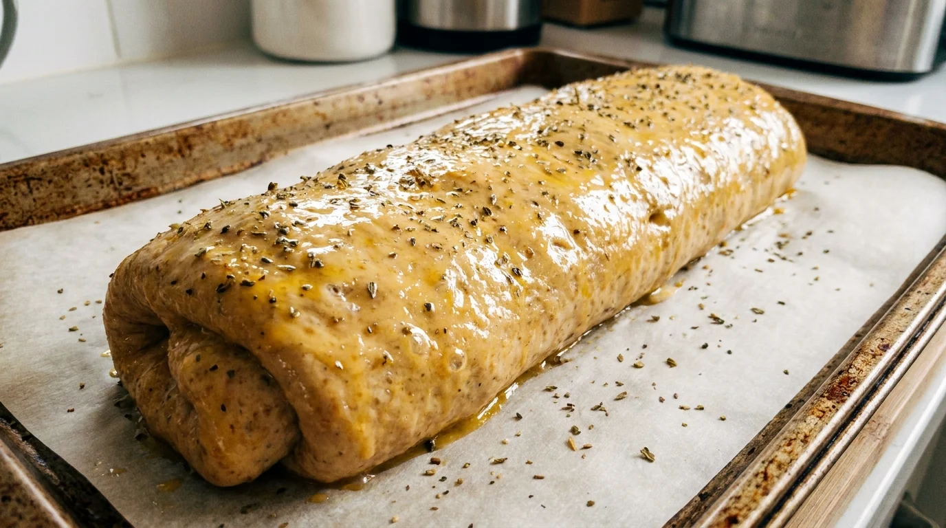 A rolled stromboli log ready for the oven with egg wash
