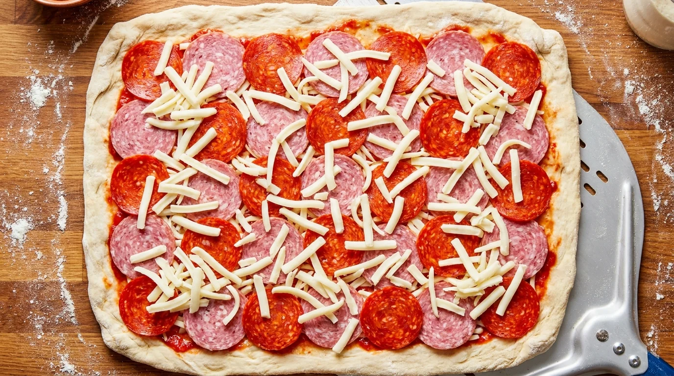 Layers of salami, pepperoni, and mozzarella on rolled-out dough