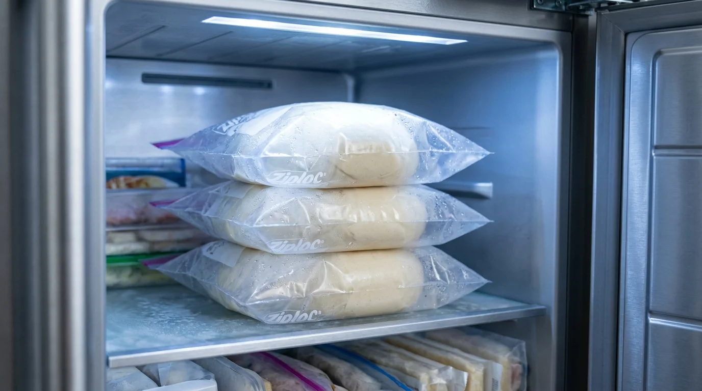 Three frozen dough balls in clear plastic bags