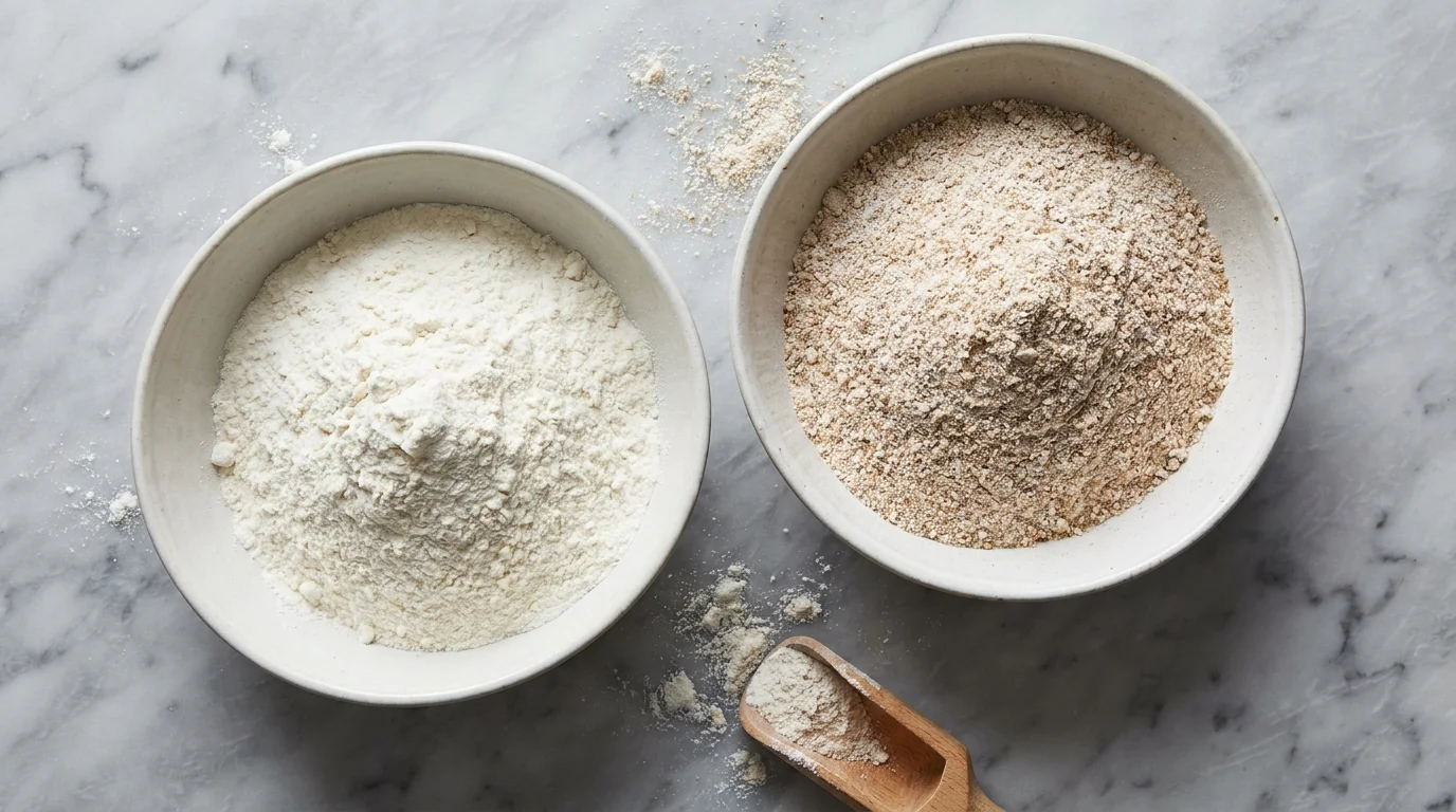 Two bowls of white flour, one finely milled 00 and one coarse bread flour