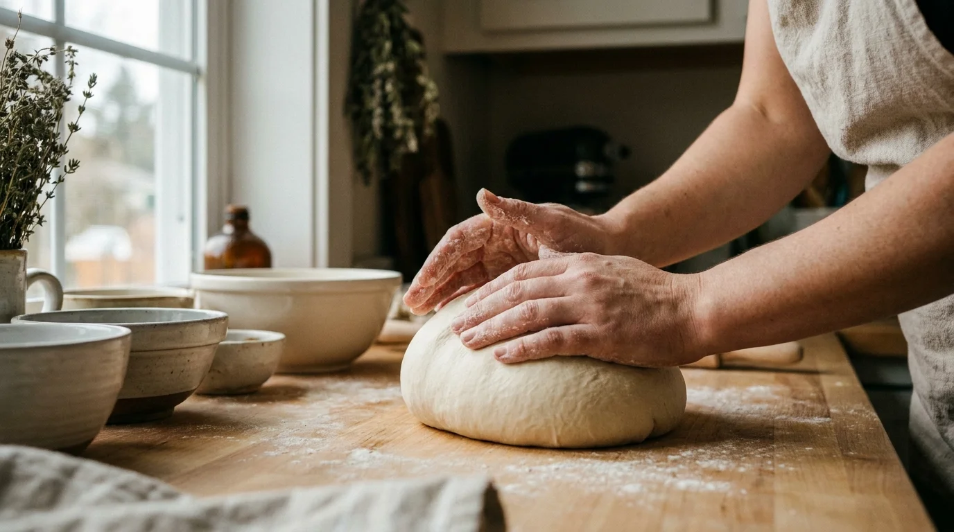 Hands kneading smooth pizza dough on a floured surface