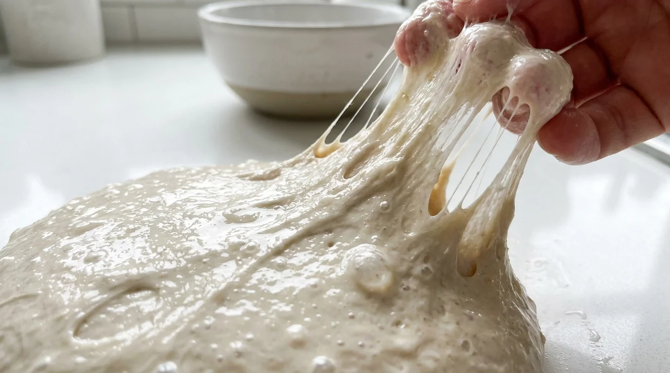 Close up of wet, sticky pizza dough being pulled apart