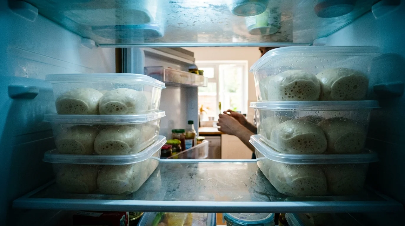 Dough balls in a proofing box inside a refrigerator
