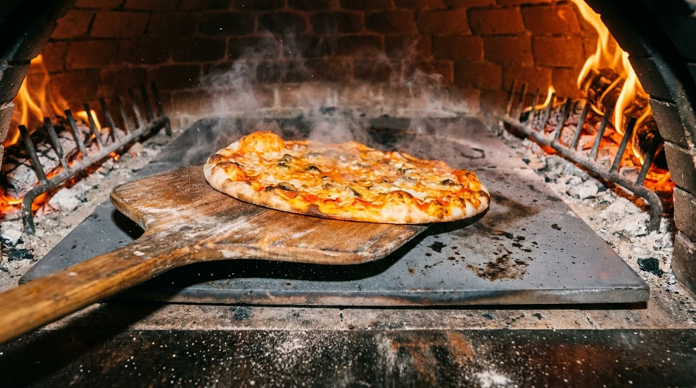 A pizza peel sliding a raw pizza onto a glowing hot baking steel