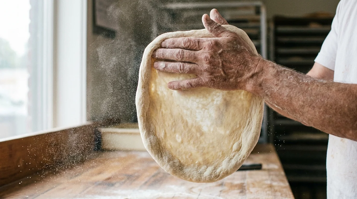 Hands stretching pizza dough over knuckles on a floured surface
