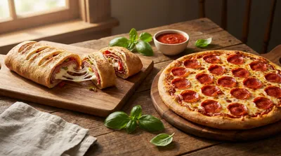 A golden-brown sliced stromboli and a fresh pepperoni pizza side by side