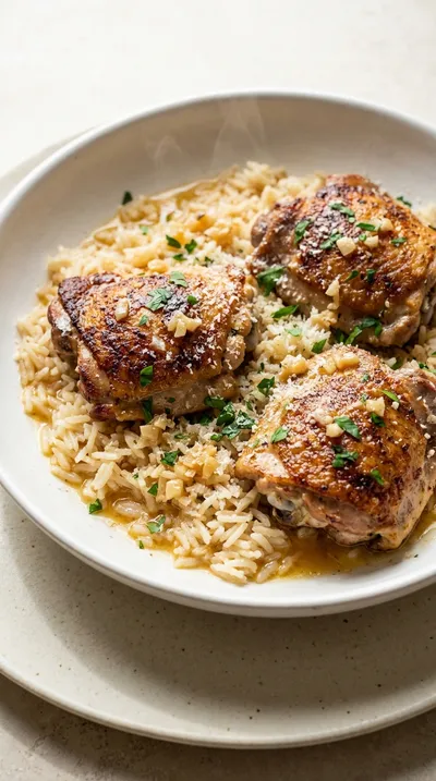 One Skillet Garlic Butter Chicken Thighs & Rice