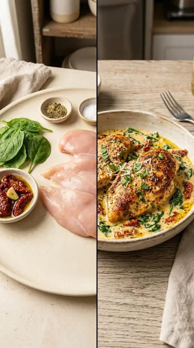 Creamy Tuscan Chicken with Spinach and Sun-Dried Tomatoes - ready to serve