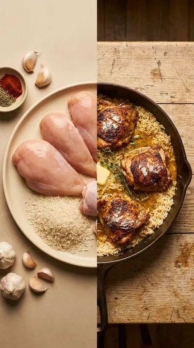 One Skillet Garlic Butter Chicken Thighs & Rice - ready to serve