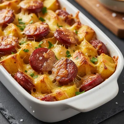 Beef Sausage Cheesy Potato Casserole