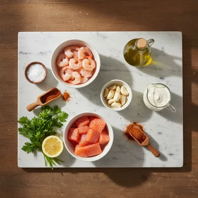 Cajun Shrimp and Salmon with Garlic Cream Sauce - ingredients preparation