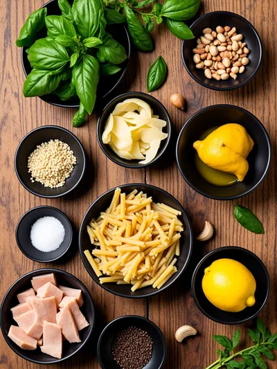 Easy Chicken Pesto Pasta Salad - ingredients preparation