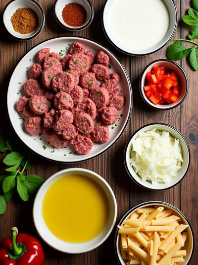 Creamy Spicy Cajun Beef Sausage Pasta - ingredients preparation