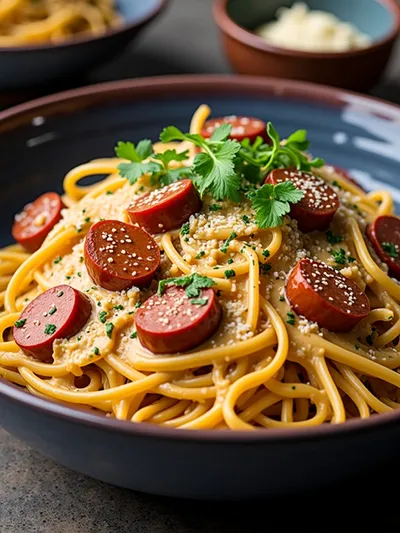 Creamy Spicy Cajun Beef Sausage Pasta - ready to serve