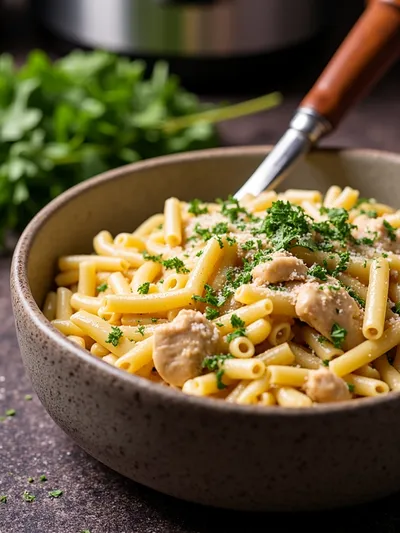 Crockpot Garlic Parmesan Chicken Pasta - ready to serve