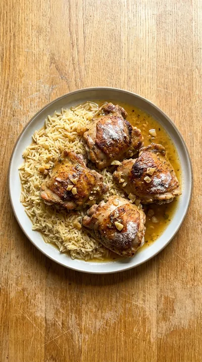 One Skillet Garlic Butter Chicken Thighs & Rice - cooking process