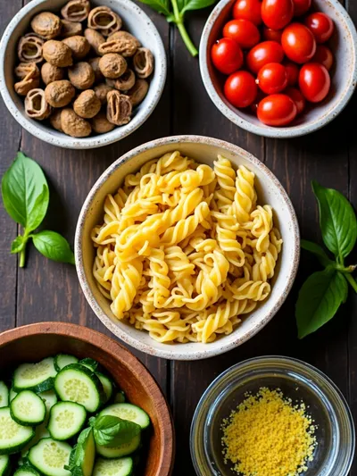Mediterraner Nudelsalat Mit Pesto - ingredients preparation