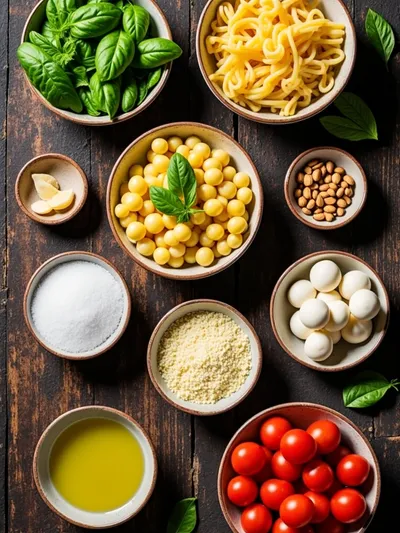 Pesto Pasta Salad with Tomatoes & Mozzarella - ingredients preparation