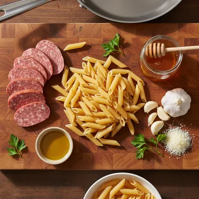 Sticky Honey Garlic Beef Sausage Pasta Skillet - cooking process