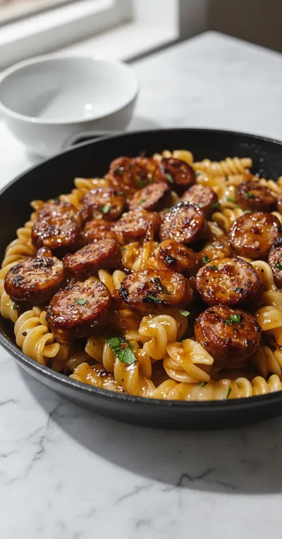 Sticky Honey Garlic Beef Sausage Pasta Skillet
